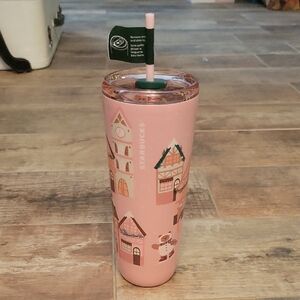 Rare!! 2025 Starbucks Pink Glitter Gingerbread House Cold Cup Tumbler NWT